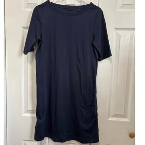 ATM navy blue cotton minimalist boatneck shift dress with pockets small